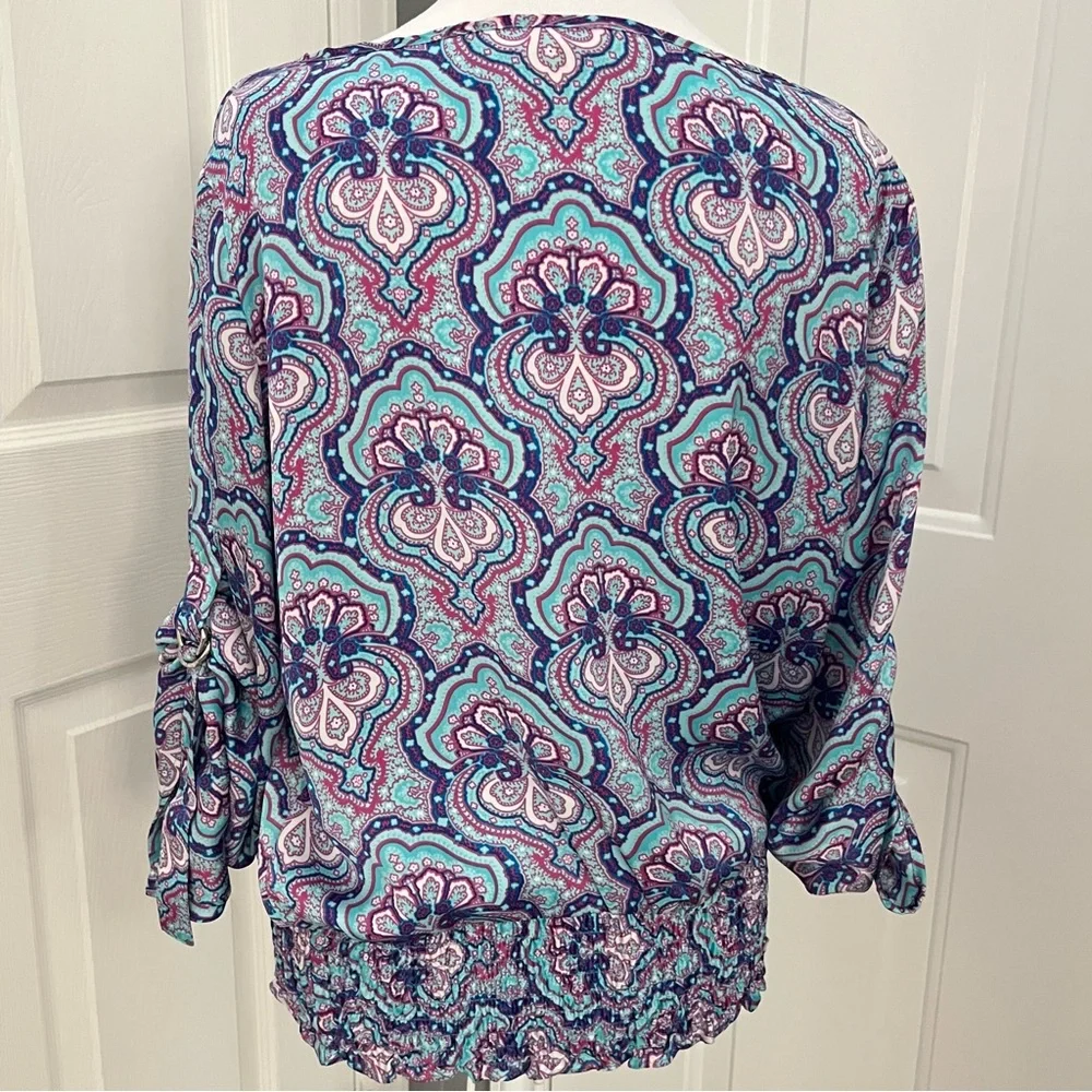 Michael Kors Blouse M/L Blue Multi Pattern RollTab Sleeve Elastic Gathered Waist